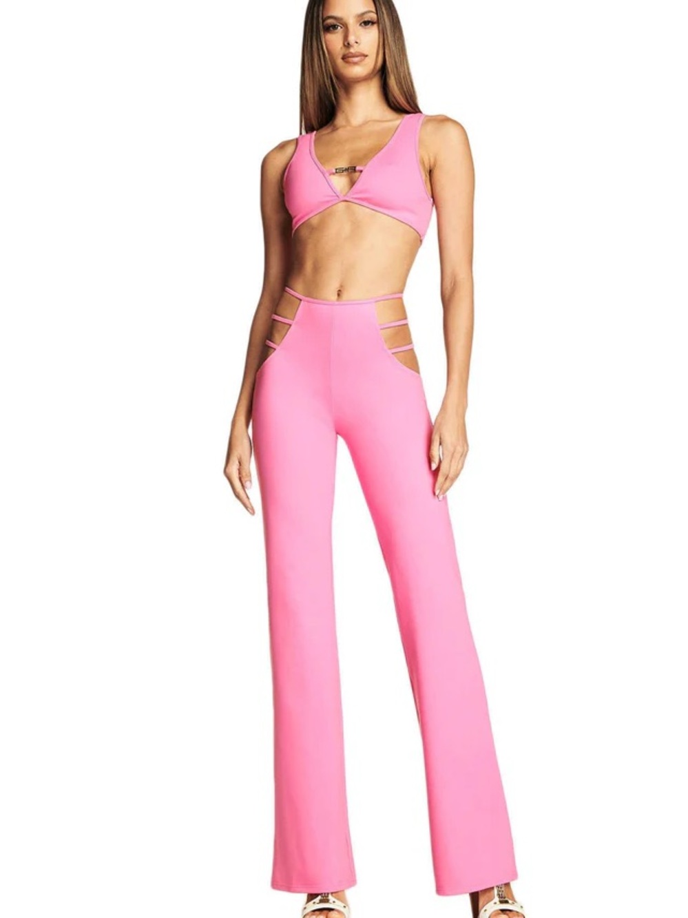 High-Waist Pink Flare Pants with Side Cutout Straps